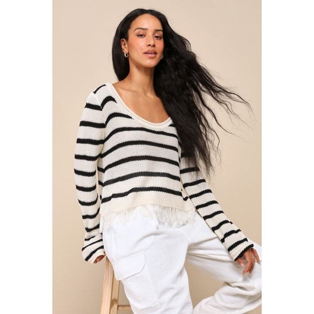 Lulus Trendy Comfort Ivory Striped Loose Knit Fringe Sweater White - Size L